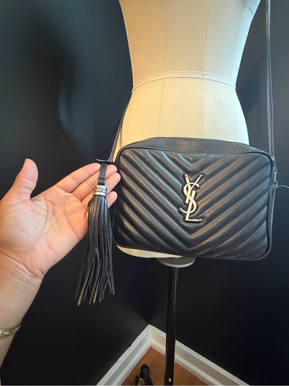 Saint Laurent Black Chevron Quilted Leather Crossbody with Tassel - Picture 3 of 8